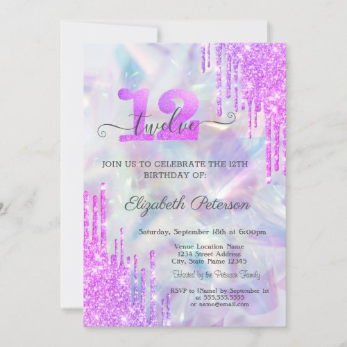 Violet Glitter Drips Holographic 12th Birthday  Invitation