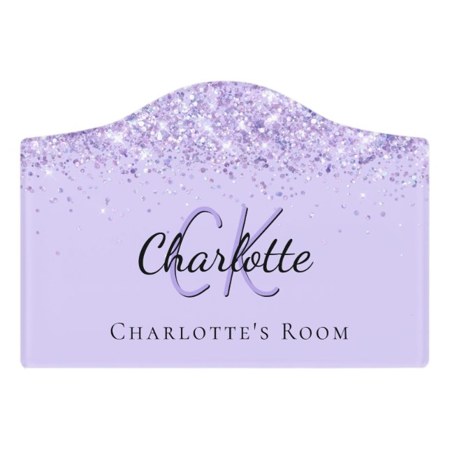 Violet glitter dust monogram name door sign (Small Crest Front)