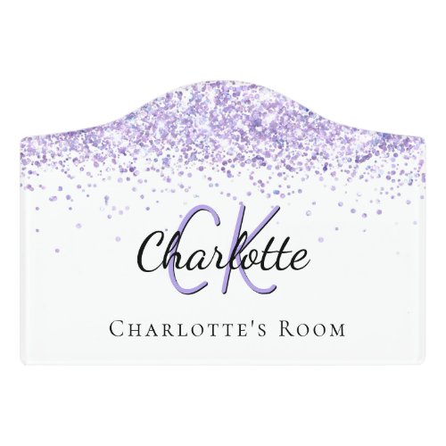 Violet glitter dust white monogram name door sign