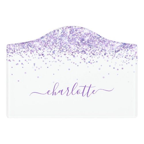Violet glitter dust white monogram name script door sign