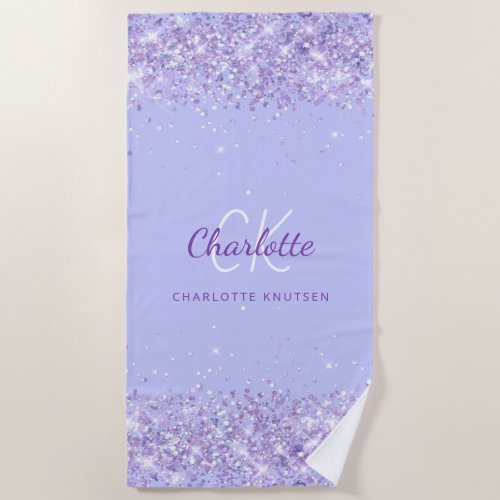 Violet glitter name monogram initial beach towel