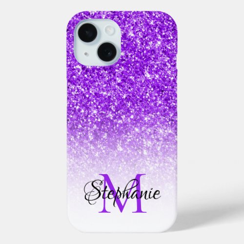 Violet Glitter Photo White Ombre Monogram iPhone 15 Case
