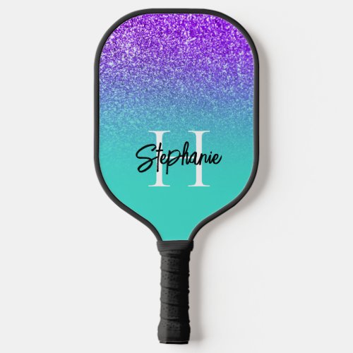 Violet Glitter Turquoise Ombre Monogram Pickleball Paddle