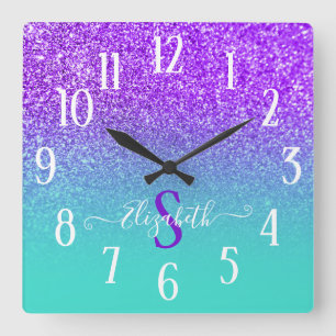 Violet Glitter Turquoise Ombre Monogram Square Wall Clock