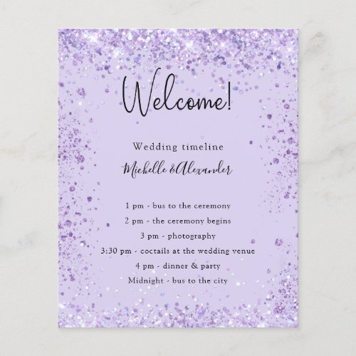 Violet glitter wedding program details budget flyer