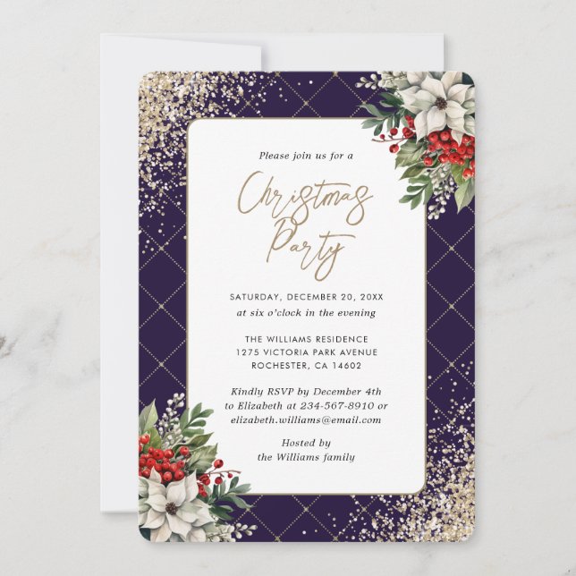 Violet Gold Botanical Elegant Christmas Party Invitation (Front)