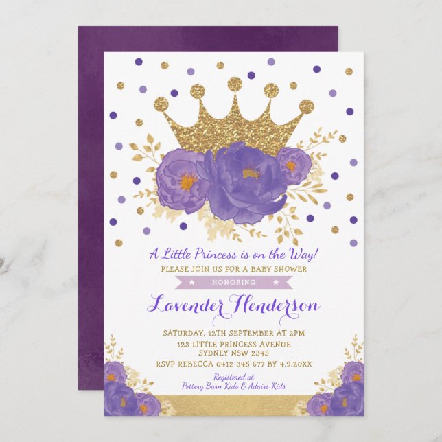 Violet Gold Crown Princess Floral Girl Baby Shower Invitation (Front/Back)