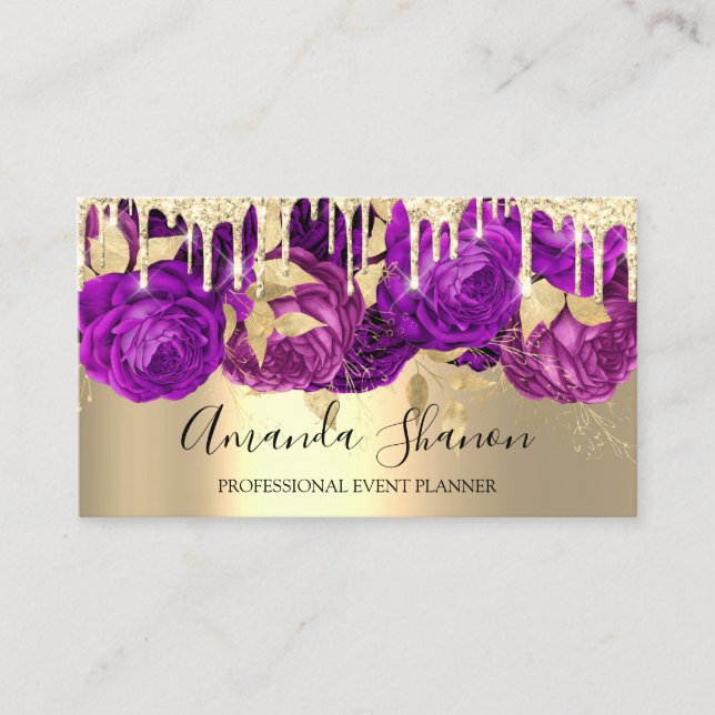 Violet Gold Drip Flower Logo Event Planner QRCode  Business Card (Front)
