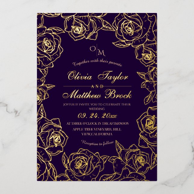 Violet Gold Elegant  Minimalist Flowers Wedding Foil Invitation (Front)