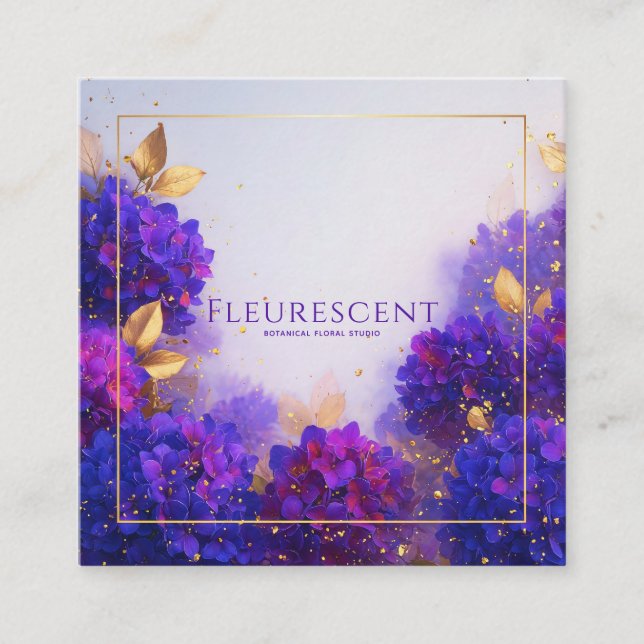 Violet Gold Floral Geometric Frame Elegant Square Business Card (Front)