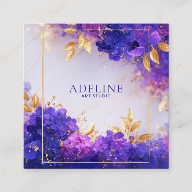 Violet Gold Floral Geometric Frame Elegant Square Business Card (Front)