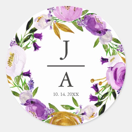 Violet  Gold Floral Wreath Monogram Wedding Classic Round Sticker