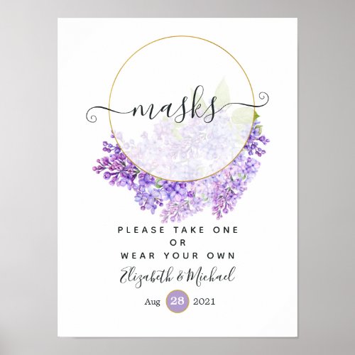 Violet  Gold Geometric Floral Wedding Face Masks Poster