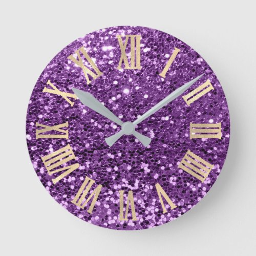 Violet Gold Glitter Sparkly Metallic Roman Numers Round Clock