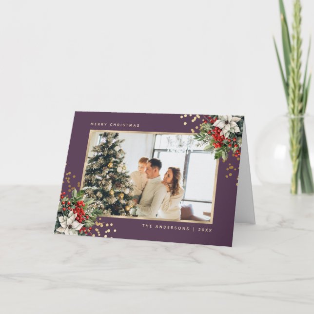 Violet Gold Holly Berries Poinsettia Photo Holiday (Front)