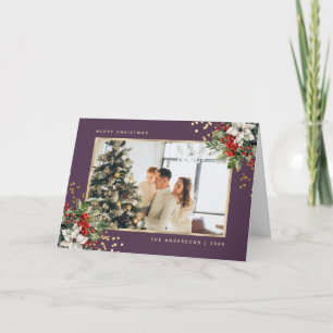 Violet Gold Holly Berries Poinsettia Photo Holiday Card