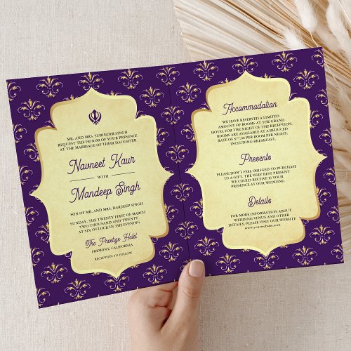 Violet Gold Ornate Anand Karaj Sikh Wedding Invitation