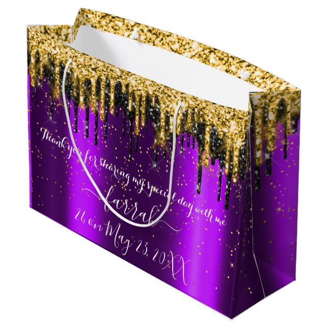 Violet Gold  Purple  Black Drips Favor Large Gift Bag (Back Angled)