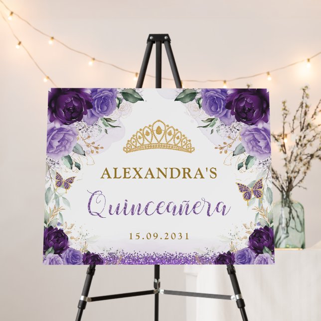 Violet Gold Quinceañera Birthday Welcome Sign (In Situ (Stand))