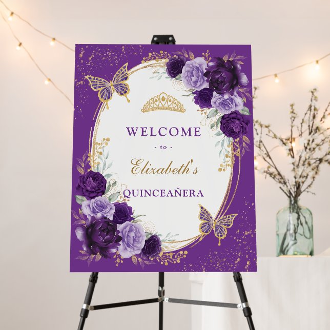 Violet Gold Quinceanera Mis Quince Anos Welcome Foam Board (In Situ (Stand))