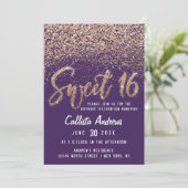 Violet Gold Scattered Glitter Ombre Sweet 16 Invitation (Standing Front)