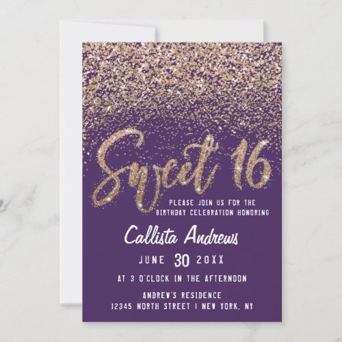 Violet Gold Scattered Glitter Ombre Sweet 16 Invitation