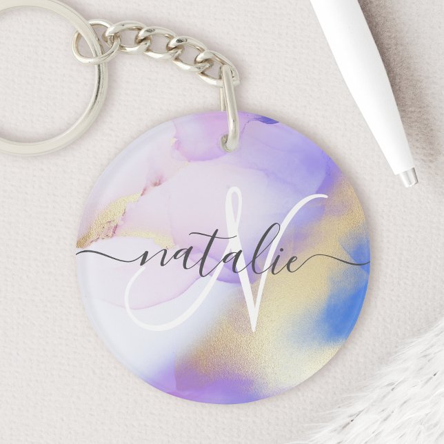 Violet Gold Watercolor Luxury Custom Monogram Name Keychain (Creator Uploaded)
