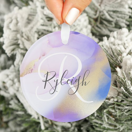 Violet Gold Watercolor Luxury Custom Monogram Name Ornament