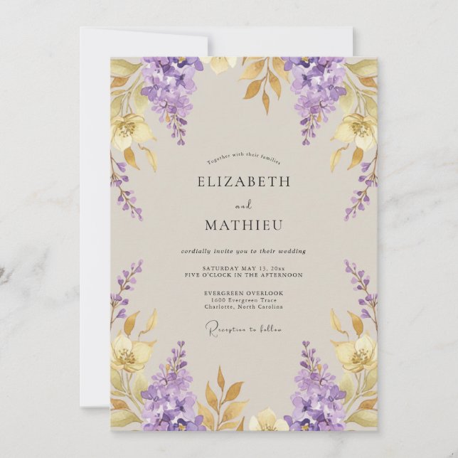 Violet Gold Wisteria Wedding Invitation (Front)