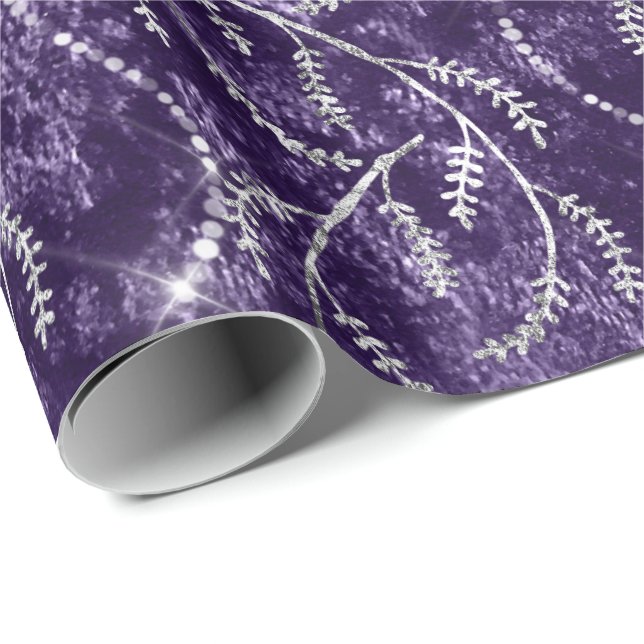 Violet Grape Sparkly Laurel Floral Silver Diamonds Wrapping Paper (Roll Corner)