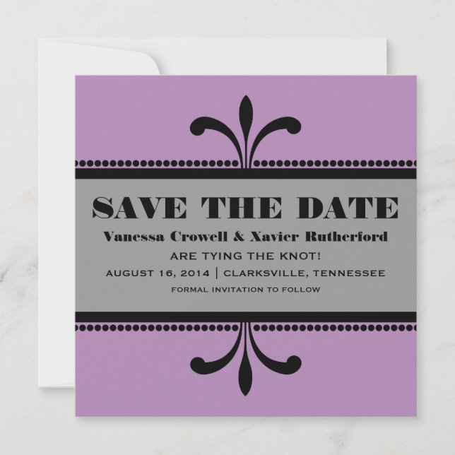 Violet/Gray Fancy Art Deco Save the Date Invite (Front)