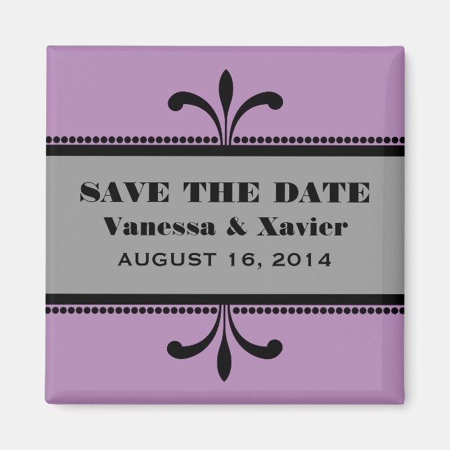 Violet/Gray Fancy Art Deco Save the Date Magnet (Front)