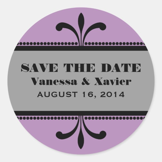 Violet/Gray Fancy Art Deco Save the Date Stickers (Front)