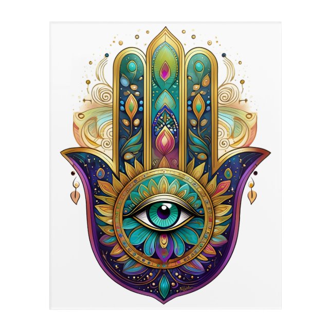Violet Green Gold Petals Hamsa Turquoise Third Eye Acrylic Print (Front)