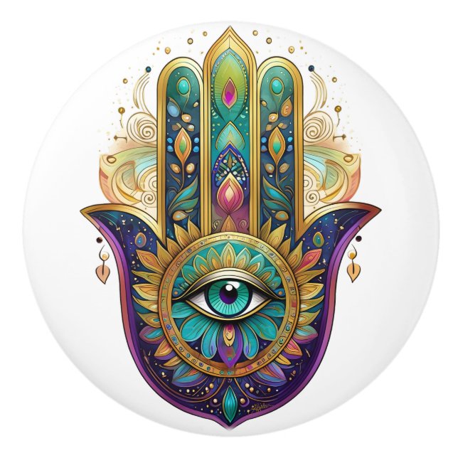 Violet Green Gold Petals Hamsa Turquoise Third Eye Ceramic Knob (Front)