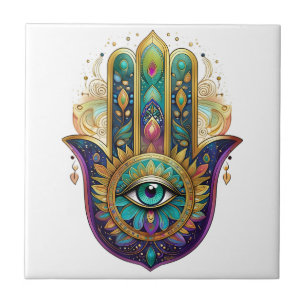 Violet Green Gold Petals Hamsa Turquoise Third Eye Ceramic Tile