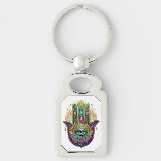 Violet Green Gold Petals Hamsa Turquoise Third Eye Keychain (Front)