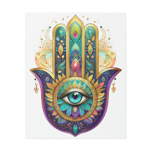 Violet Green Gold Petals Hamsa Turquoise Third Eye Metal Print