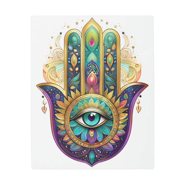 Violet Green Gold Petals Hamsa Turquoise Third Eye Metal Print (Front)