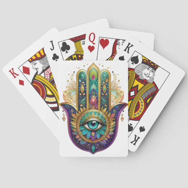 Violet Green Gold Petals Hamsa Turquoise Third Eye Poker Cards (Back)