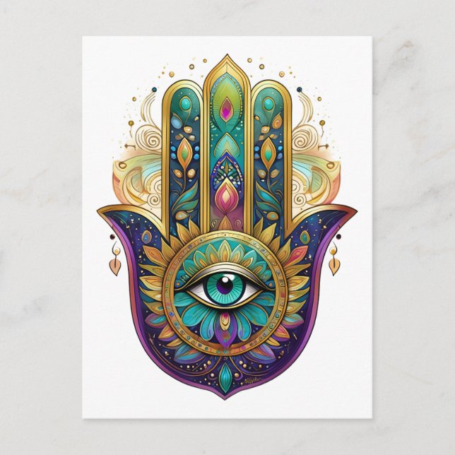 Violet Green Gold Petals Hamsa Turquoise Third Eye Postcard (Front)