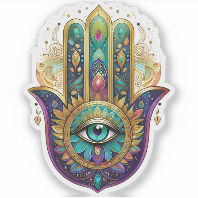 Violet Green Gold Petals Hamsa Turquoise Third Eye Sticker (Front)