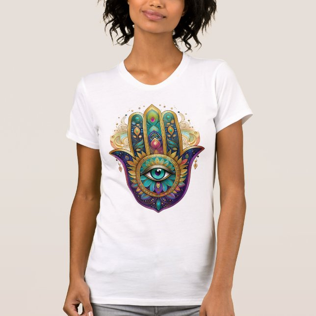 Violet Green Gold Petals Hamsa Turquoise Third Eye T-Shirt (Front)