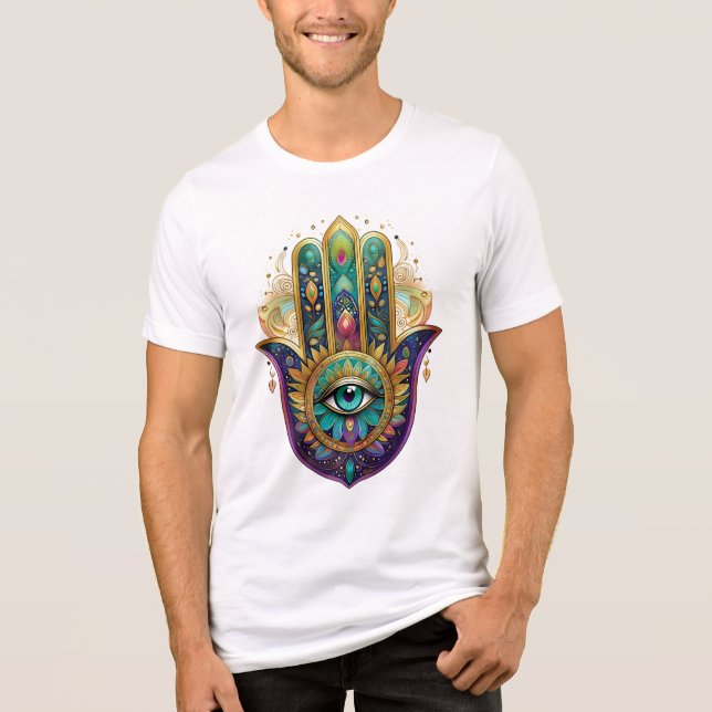 Violet Green Gold Petals Hamsa Turquoise Third Eye Tri-Blend Shirt (Front)