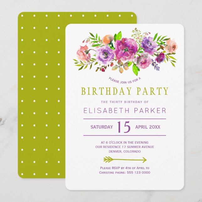 Violet green rustic floral bohemian birthday party invitation (Front/Back)