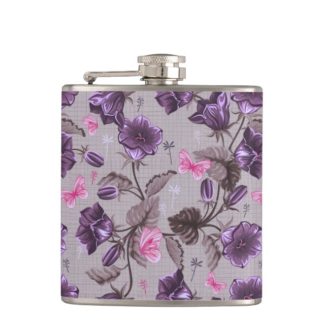 violet hand bells and pink butterflies pattern flask (Front)