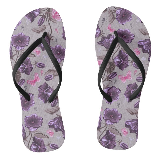 violet hand bells and pink butterflies pattern flip flops (Footbed)