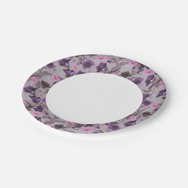 violet hand bells and pink butterflies pattern paper plates (Angled)