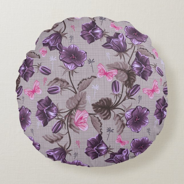 violet hand bells and pink butterflies pattern round pillow (Front)