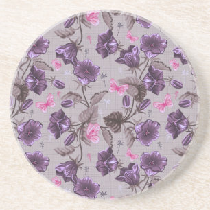 violet hand bells and pink butterflies pattern sandstone coaster